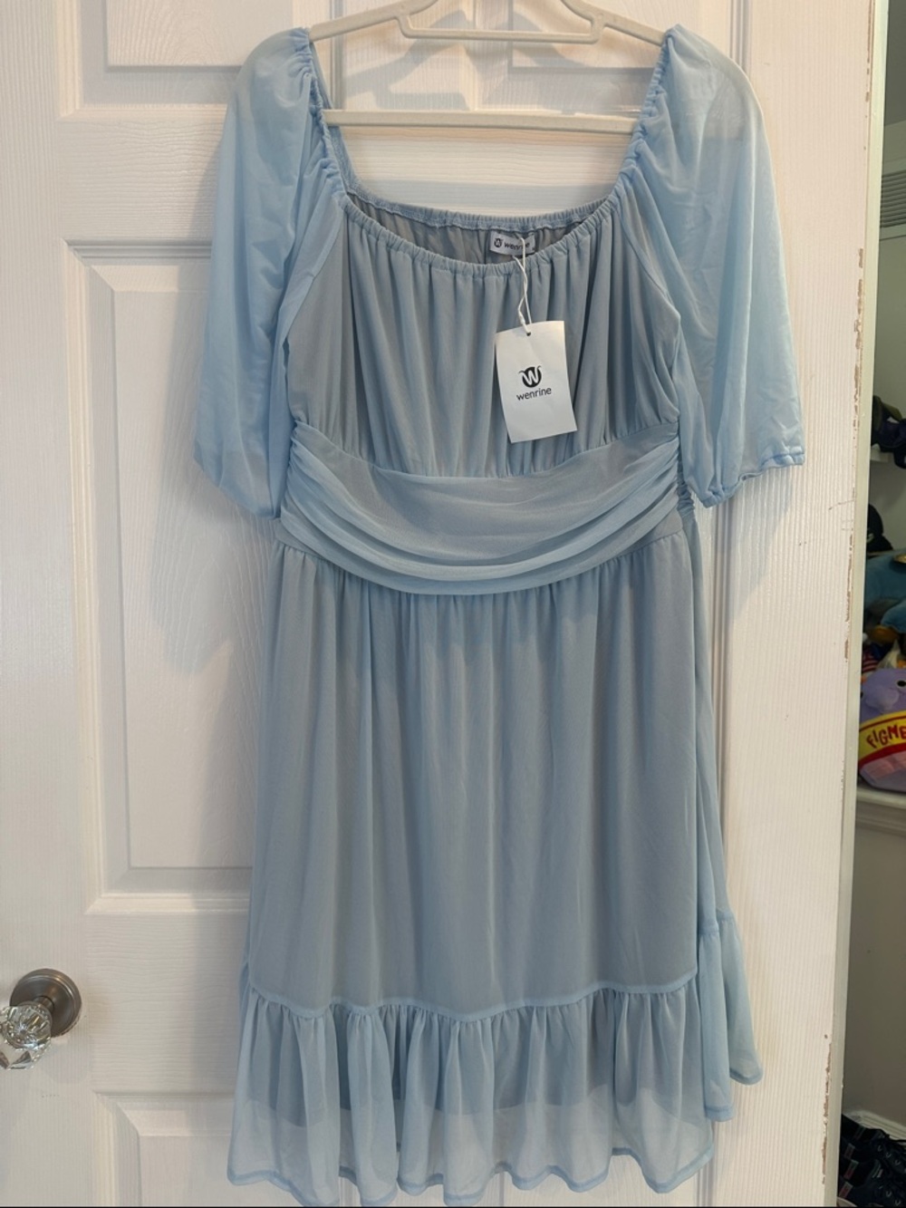 Light Blue Mesh Midi Dress with Puff Sleeves